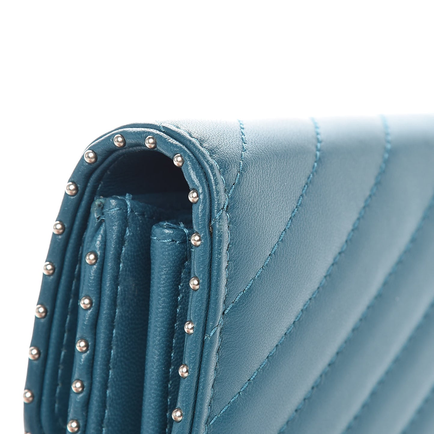 Lambskin Chevron Quilted Studded Small Flap Wallet Teal