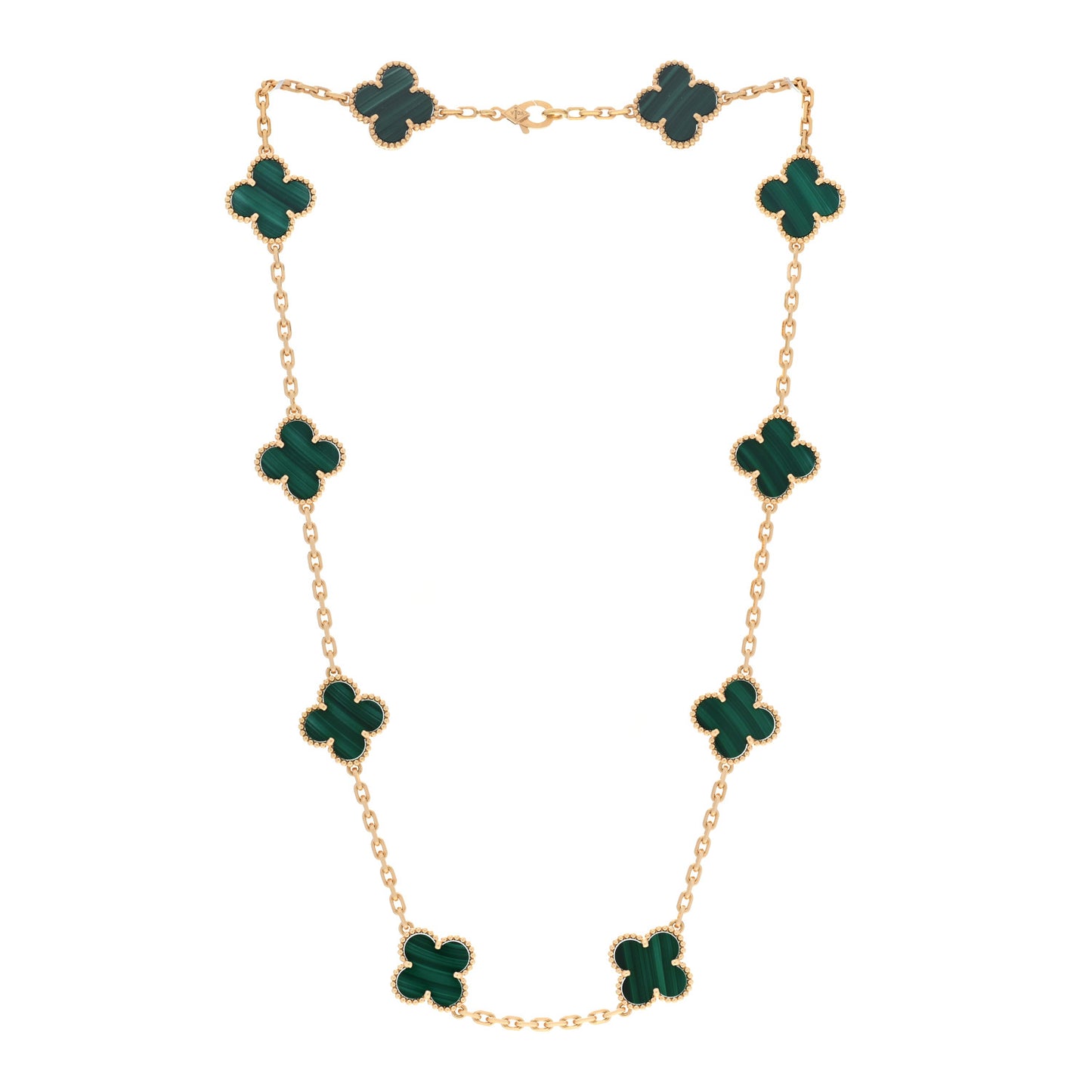 18K Yellow Gold Malachite 10 Motifs Vintage Alhambra Necklace
