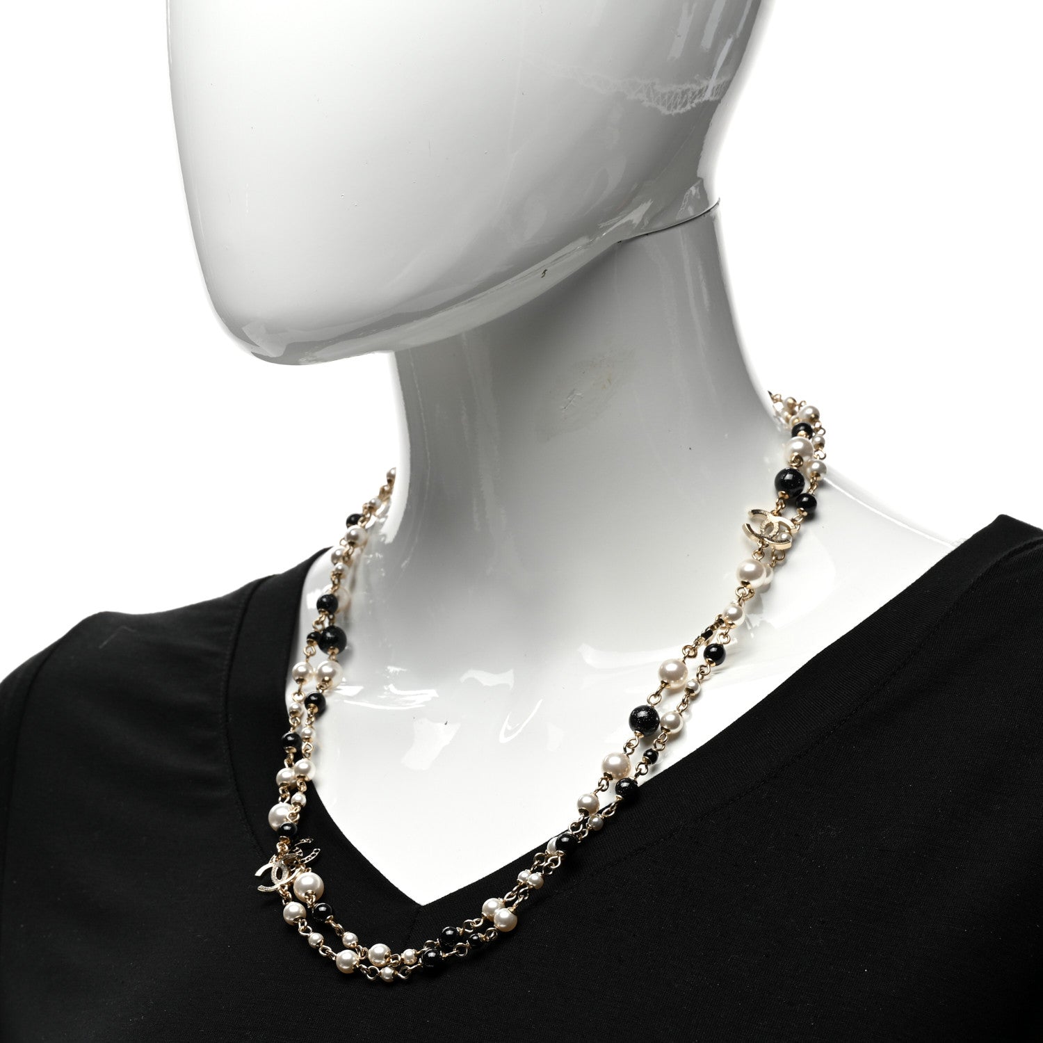 Chanel Pearl Bead Crystal CC Long Necklace Black Gold 2 of 6