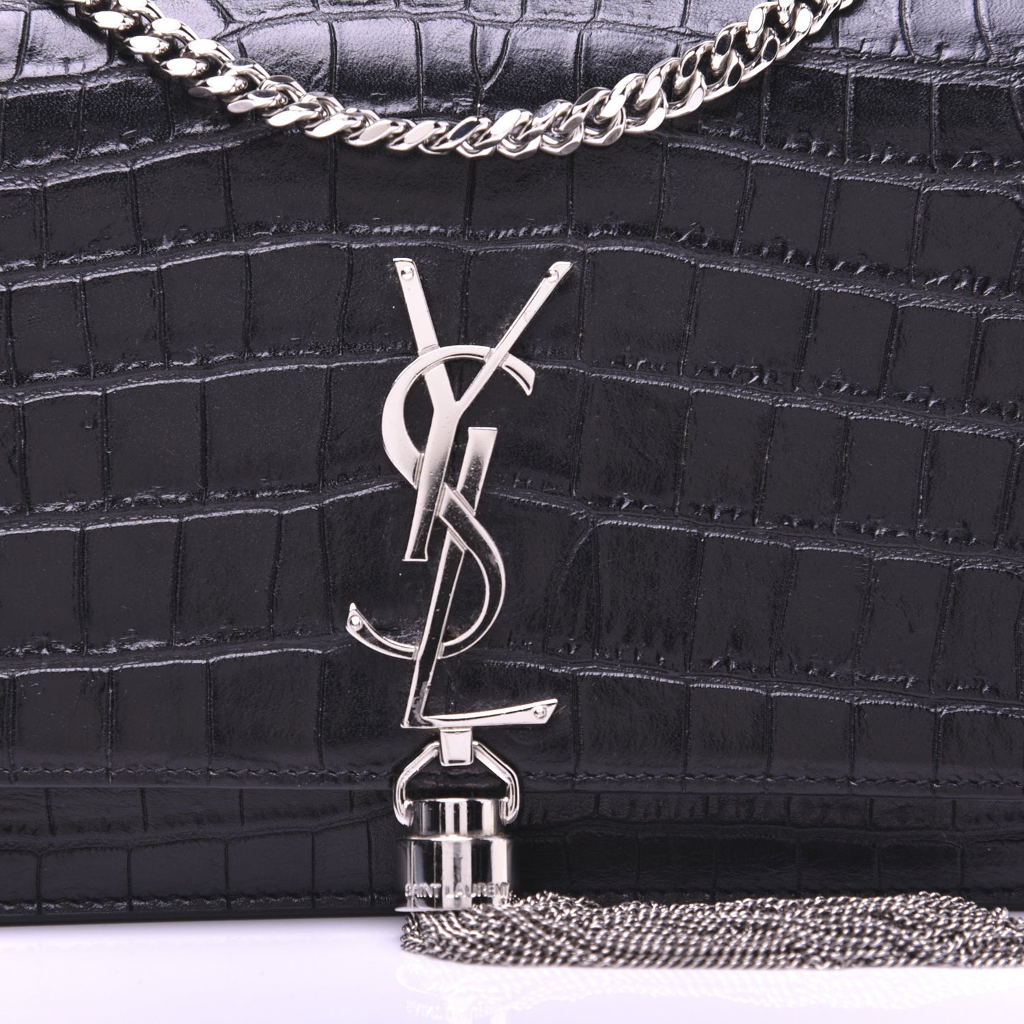 Calfskin Crocodile Embossed Kate Monogram Tassel Chain Wallet Black