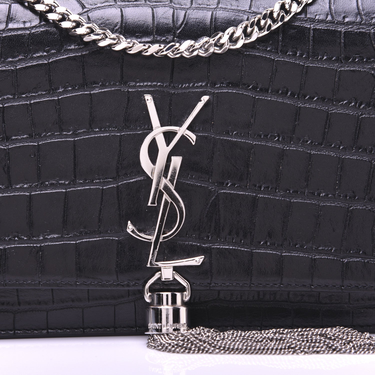 Saint Laurent Calfskin Crocodile Embossed Kate Monogram Tassel Chain Wallet Black 10 of 17