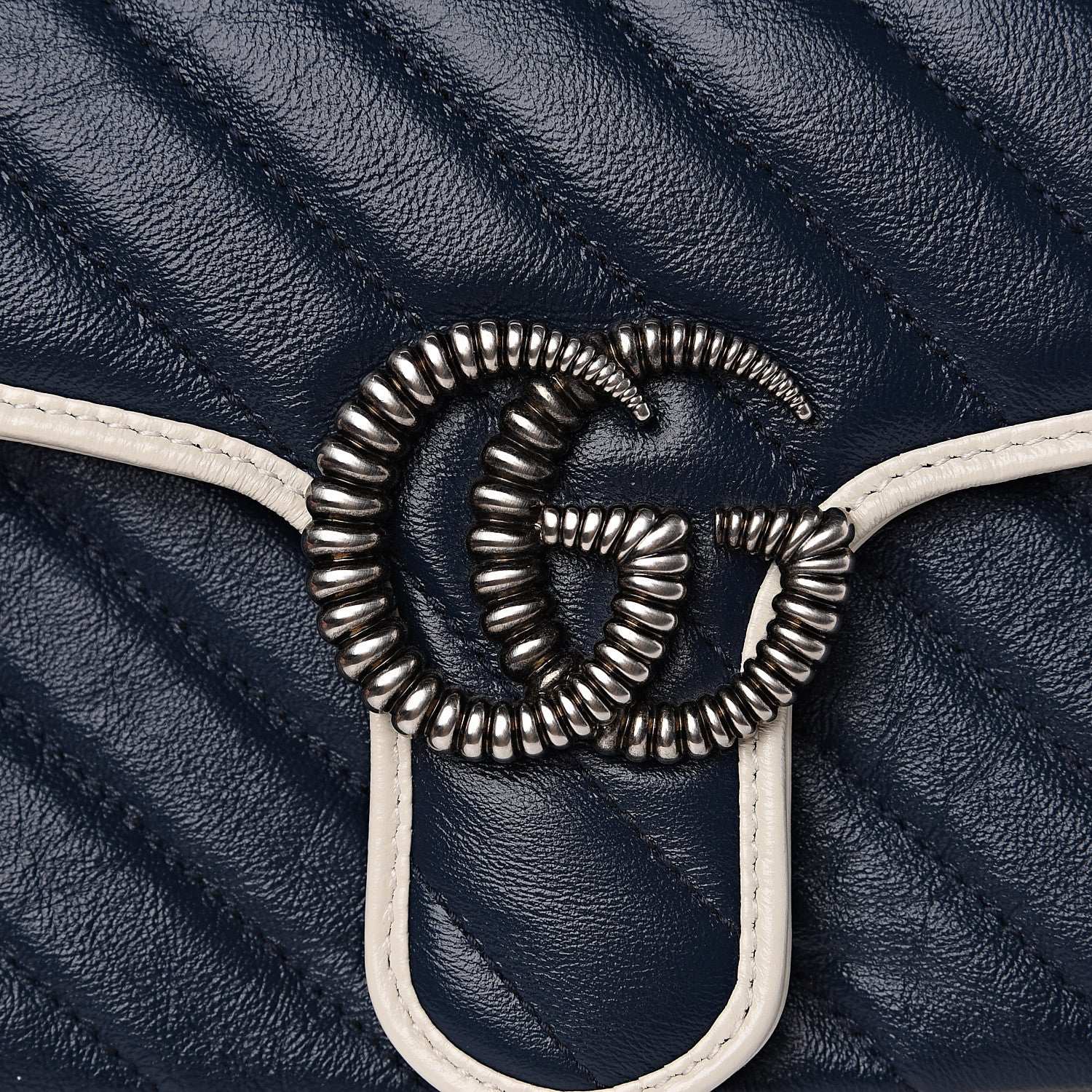 Gucci Vintage Effect Calfskin Matelasse Diagonal Small Torchon GG Marmont Shoulder Bag Blue Agata Mystic White 7 of 12