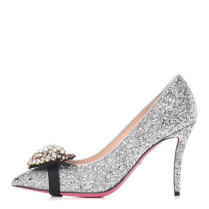 Gucci Nappa Silk Glitter Removable Crystal Heart Pumps 39.5 Argento 1 of 14