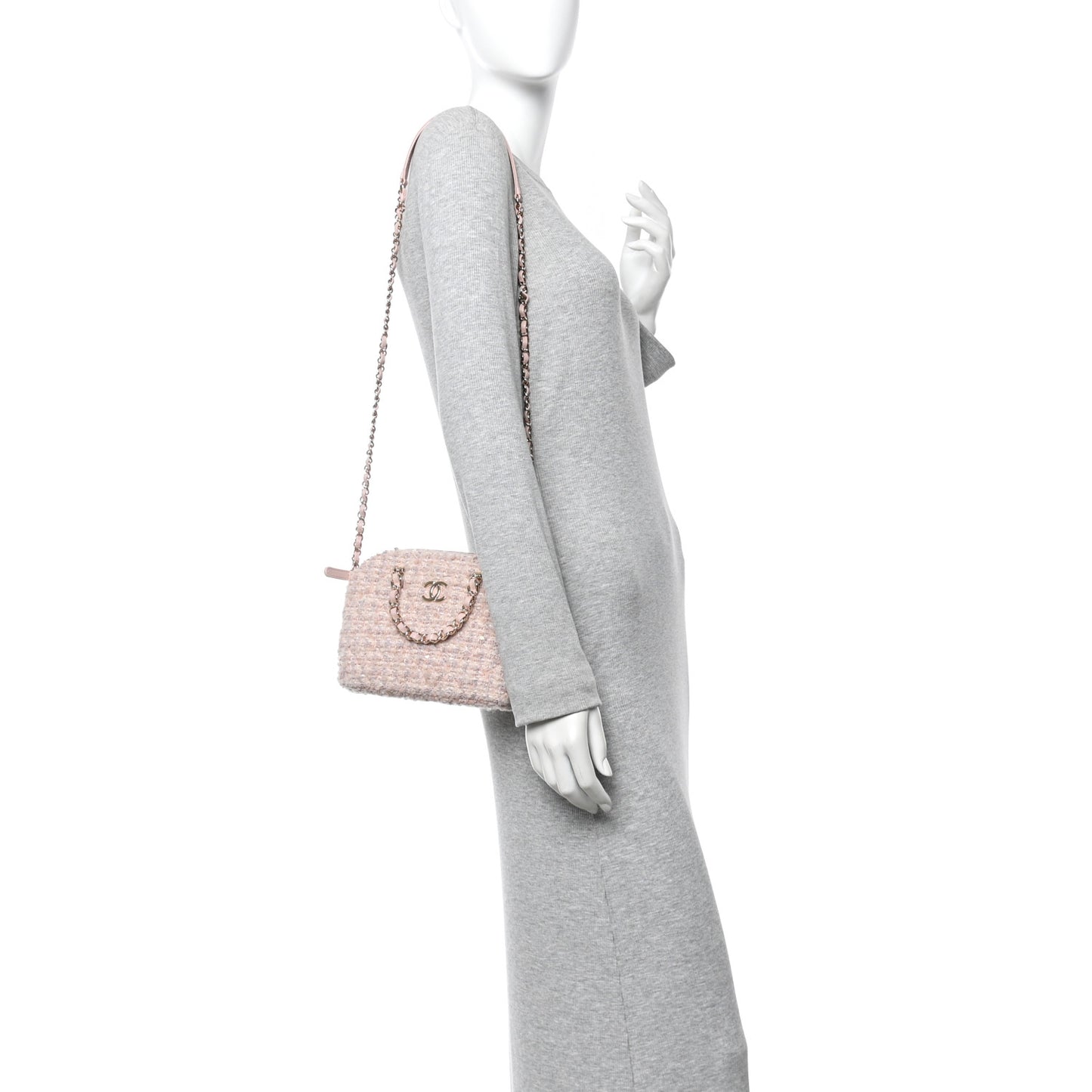 Cotton Wool Tweed Sequin Quilted Shiny Coco Clutch With Chain Light Pink Beige Ecru