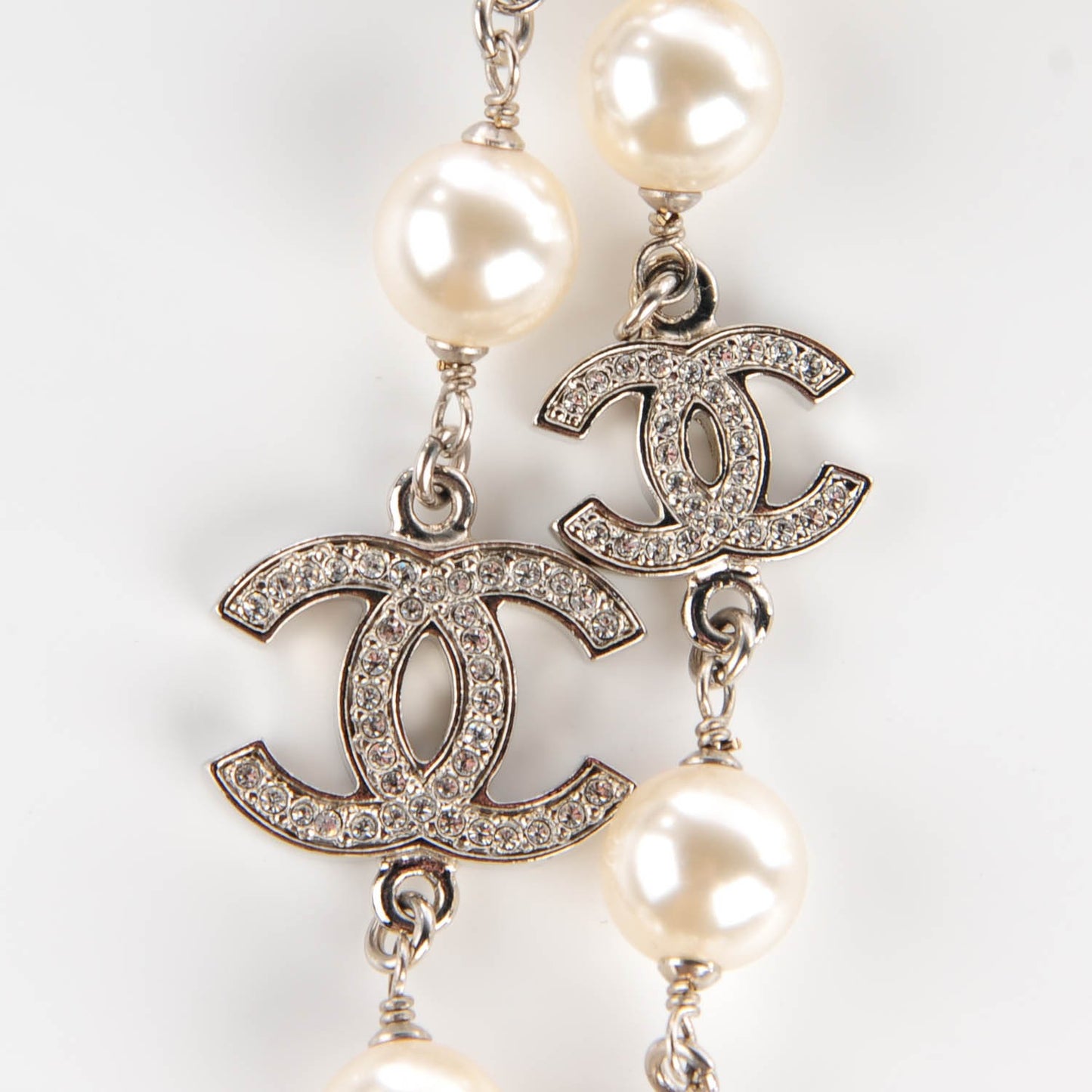 Crystal Pearl CC Long Necklace Silver