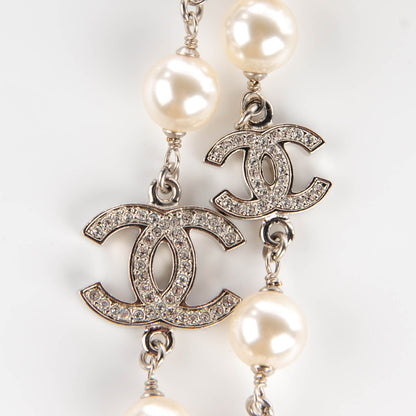 Chanel Crystal Pearl CC Long Necklace Silver 5 of 7