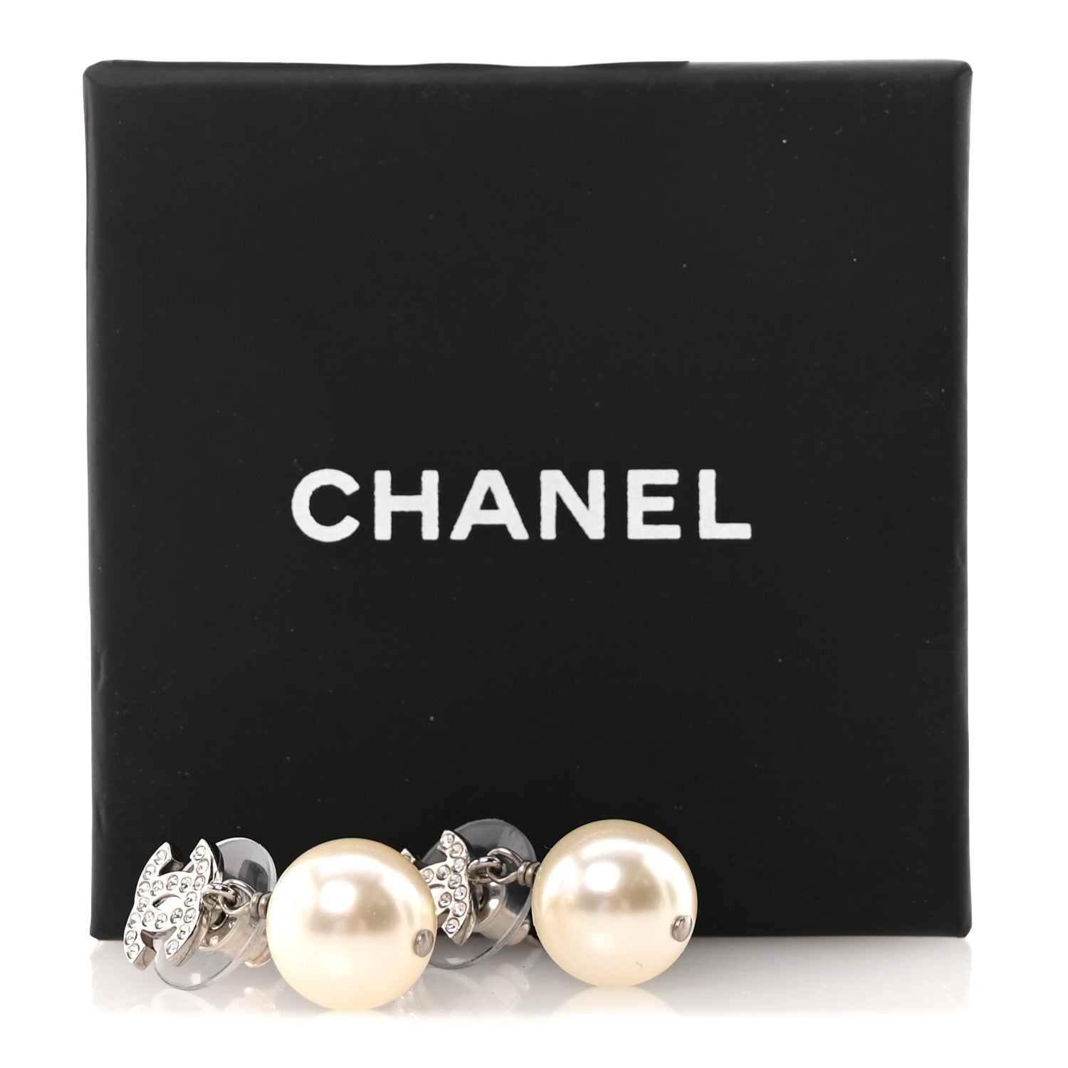 Chanel Crystal Pearl CC Drop Earrings Silver Pearly White 5 of 5