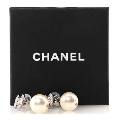 Chanel Crystal Pearl CC Drop Earrings Silver Pearly White 5 of 5