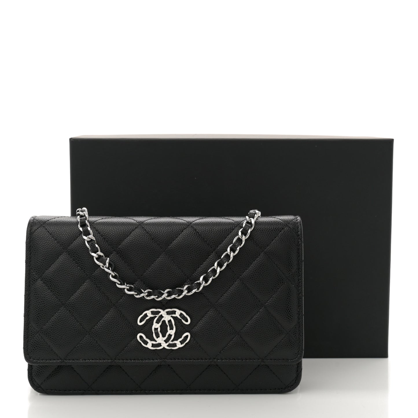 Caviar Quilted Chanel 19 Wallet On Chain WOC Black White