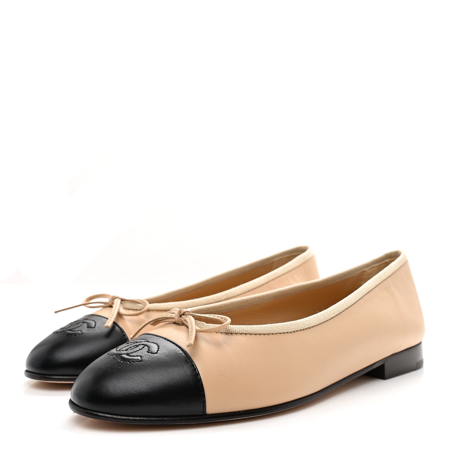 Chanel Lambskin Cap Toe CC Ballerina Flats 38 Beige Black 4 of 9