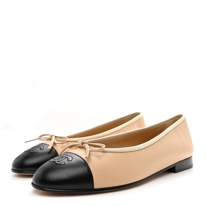 Chanel Lambskin Cap Toe CC Ballerina Flats 38 Beige Black 4 of 9