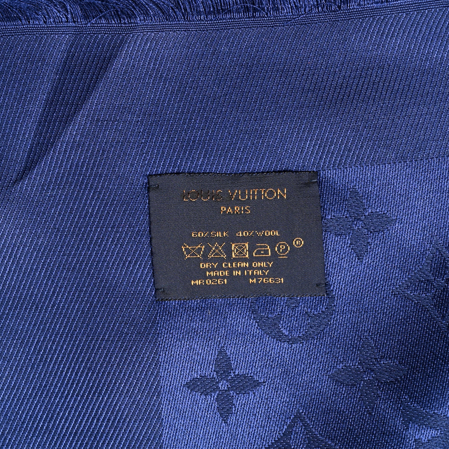 Silk Wool Monogram Shawl Navy Blue