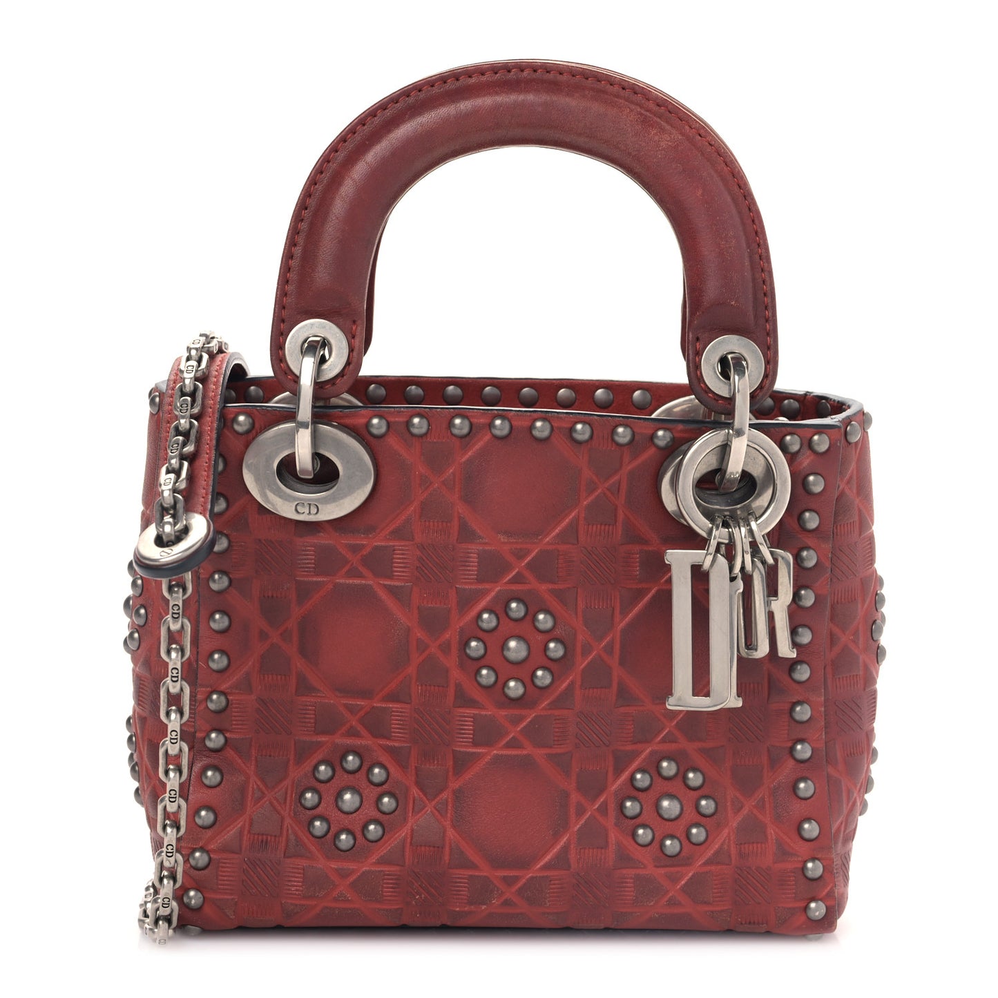 Calfskin Embossed Cannage Flower Studded Mini Lady Dior Bag Red