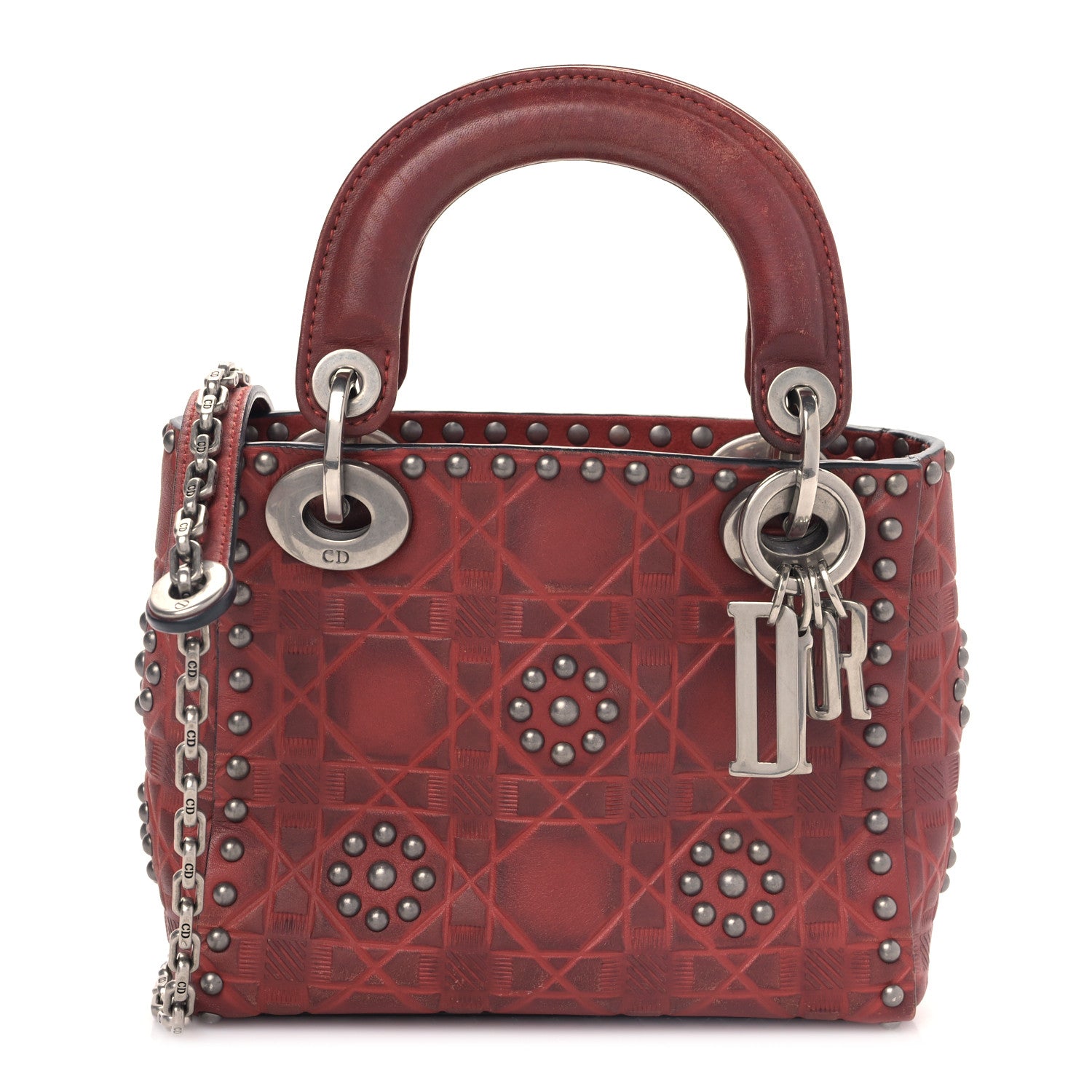 Christian Dior Calfskin Embossed Cannage Flower Studded Mini Lady Dior Bag Red 1 of 8