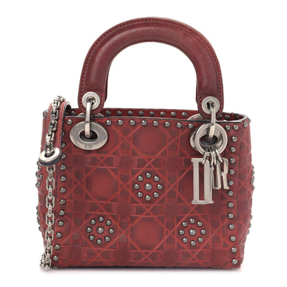 Christian Dior Calfskin Embossed Cannage Flower Studded Mini Lady Dior Bag Red 1 of 8