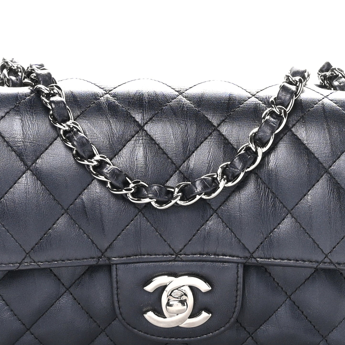 Iridescent Calfskin Quilted Mini Rectangular Flap Charcoal