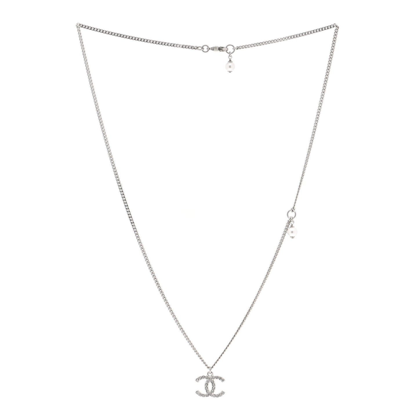 Pearl Crystal CC Pendant Necklace Silver