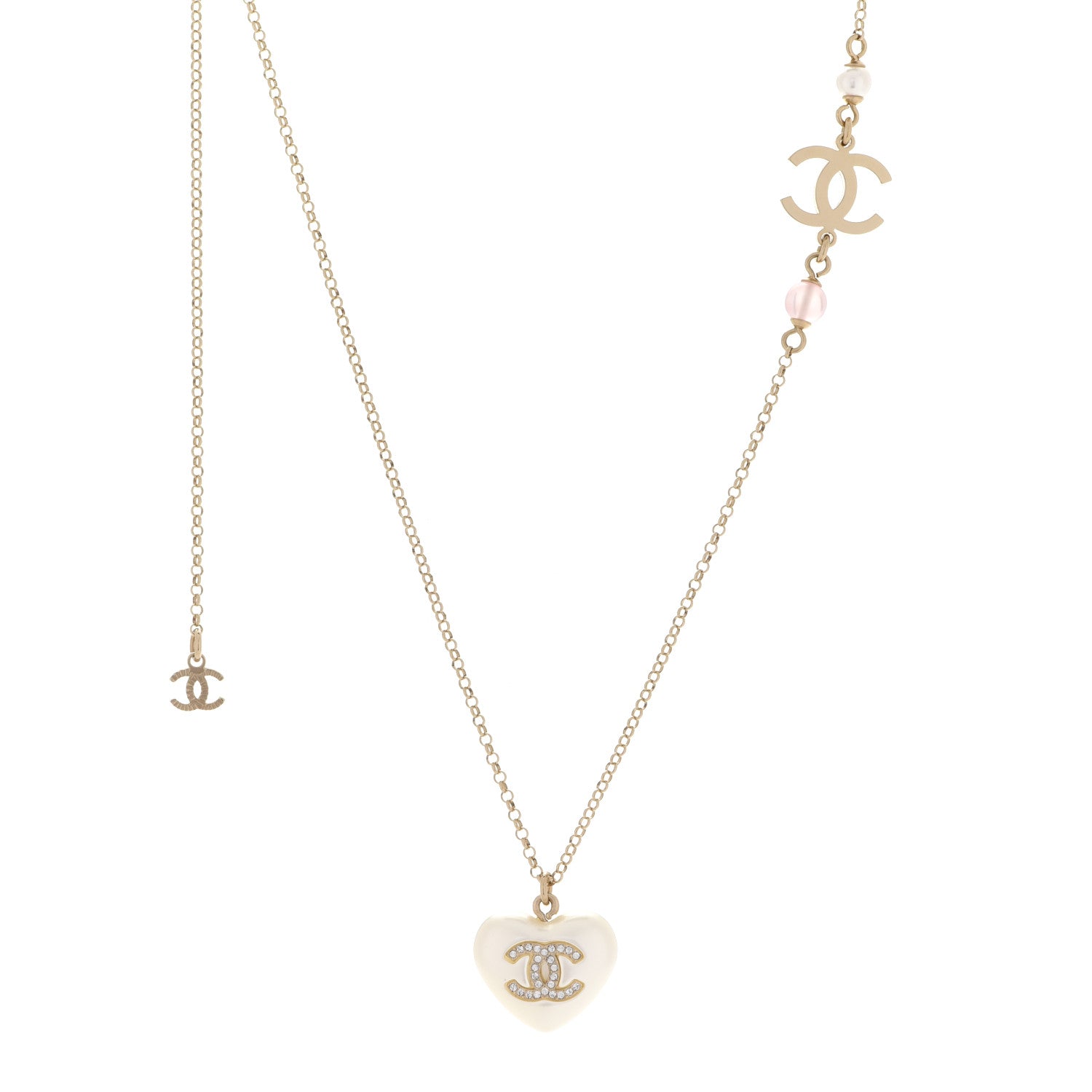 Chanel Resin Crystal CC Heart Necklace Pearly White Gold 1 of 6