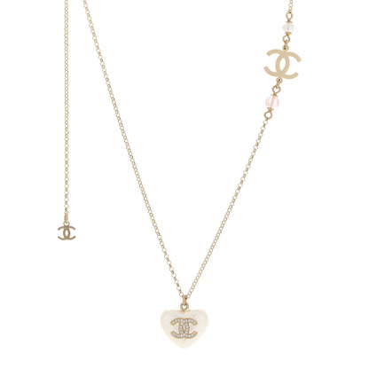 Chanel Resin Crystal CC Heart Necklace Pearly White Gold 1 of 6