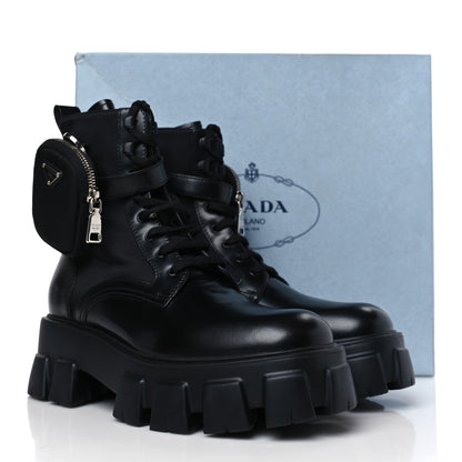Prada Spazzolato Rois Nylon Metal Triangle Logo Monolith Pouch Pocket 55mm Boots 39 Black 7 of 7