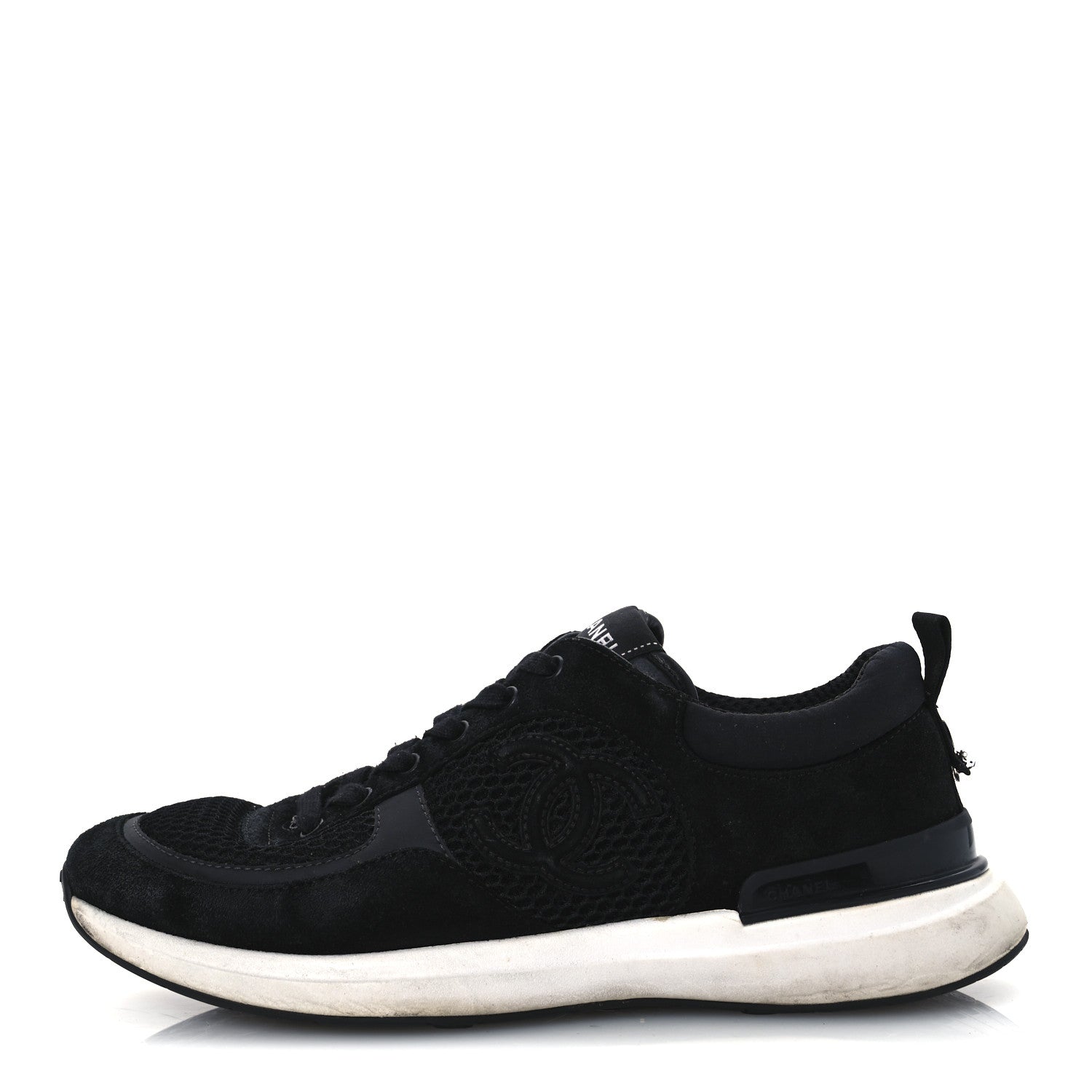 Chanel Calfskin Mesh Lycra Suede Womens Logo Sneakers 40 Black 1 of 13