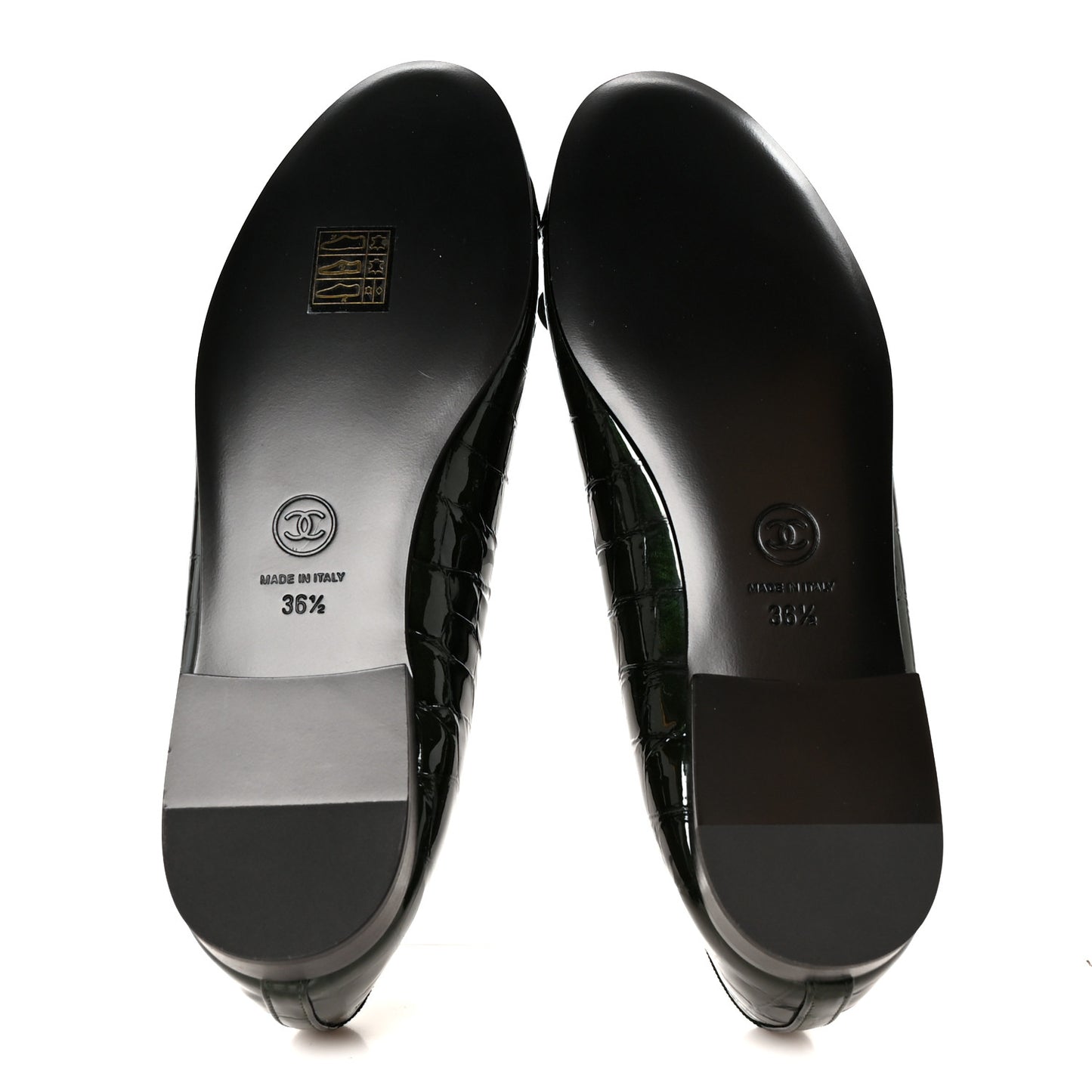 Patent Calfskin Crocodile Embossed Ballerina Flats 36.5 Dark Green Black