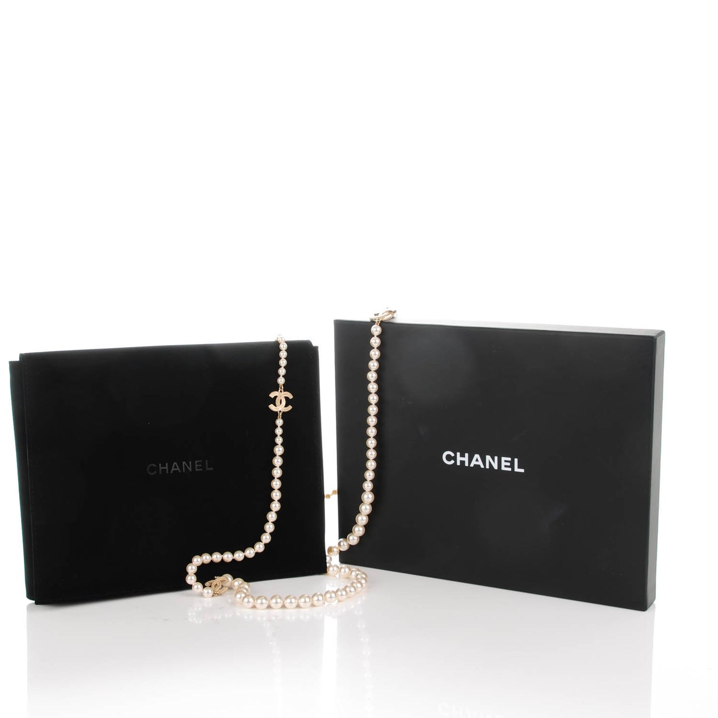 Graduated Pearl Crystal CC Long Necklace Black Gold