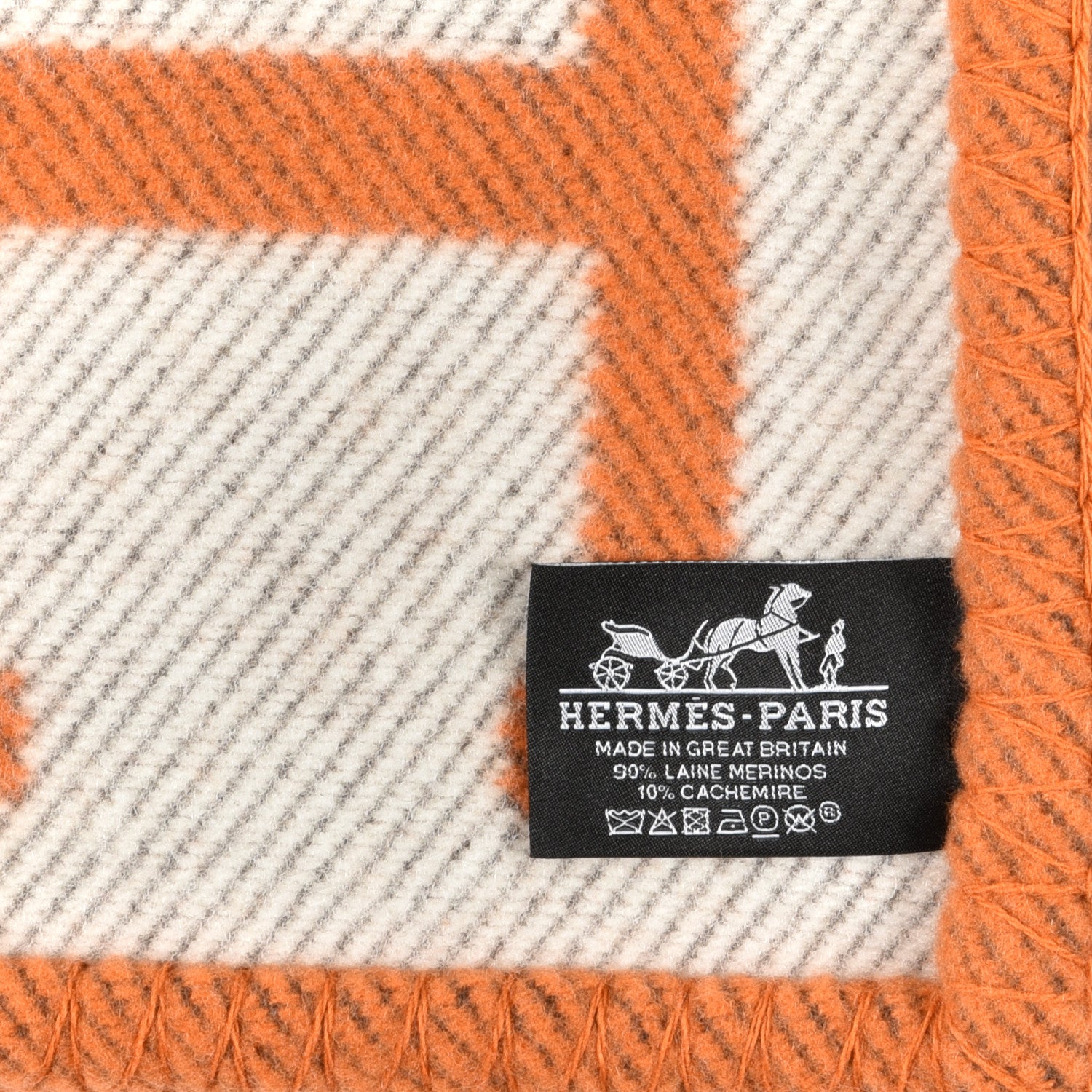 Hermes Wool Cashmere Signature Classic Avalon Blanket Ecru Potiron 3 of 3