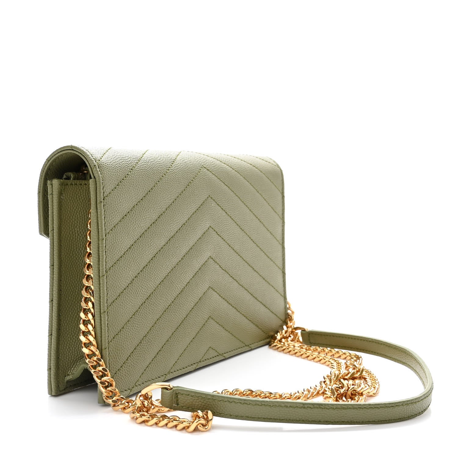 product image of SAINT LAURENT Grain De Poudre Matelasse Chevron Monogram Envelope Chain Wallet Pistache FASHIONPHILE