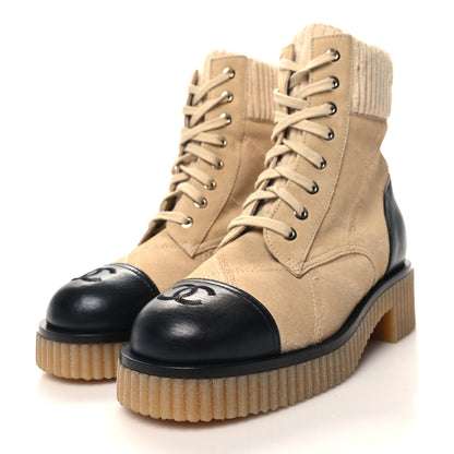 Chanel Suede Calfskin Velvet Quilted CC Combat Boots 35.5 Beige Black 3 of 8