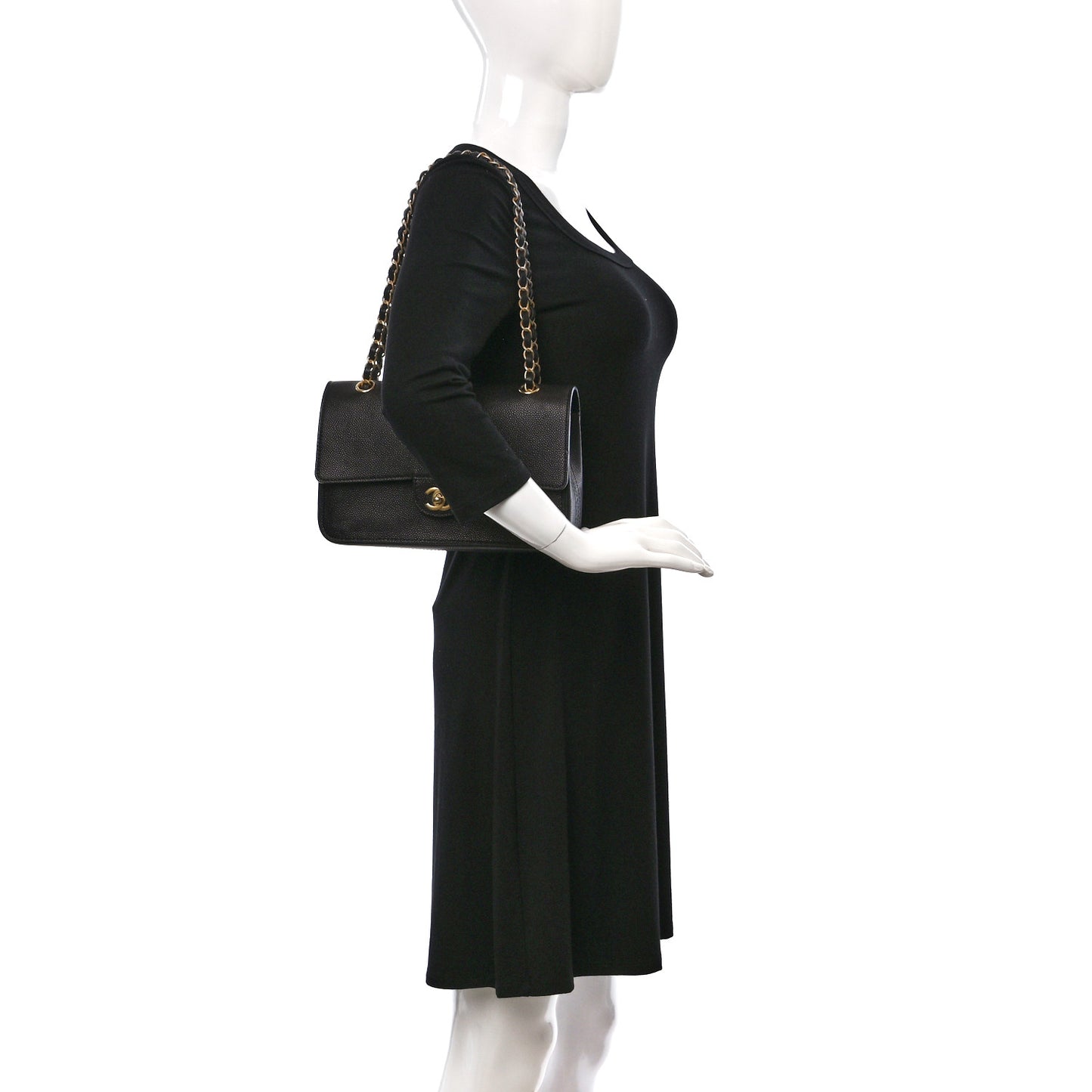 Grained Calfskin Medium Classic Pure Double Flap Black