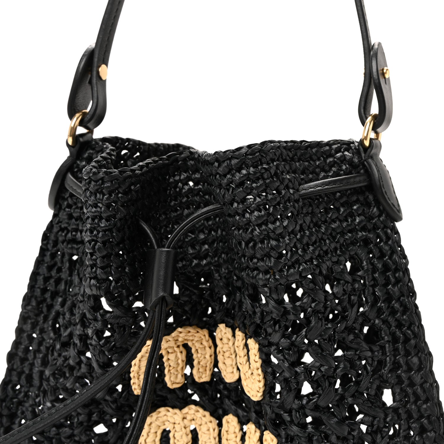 Miu Miu Raffia Crochet Drawstring Pouch Black Naturale 12 of 17