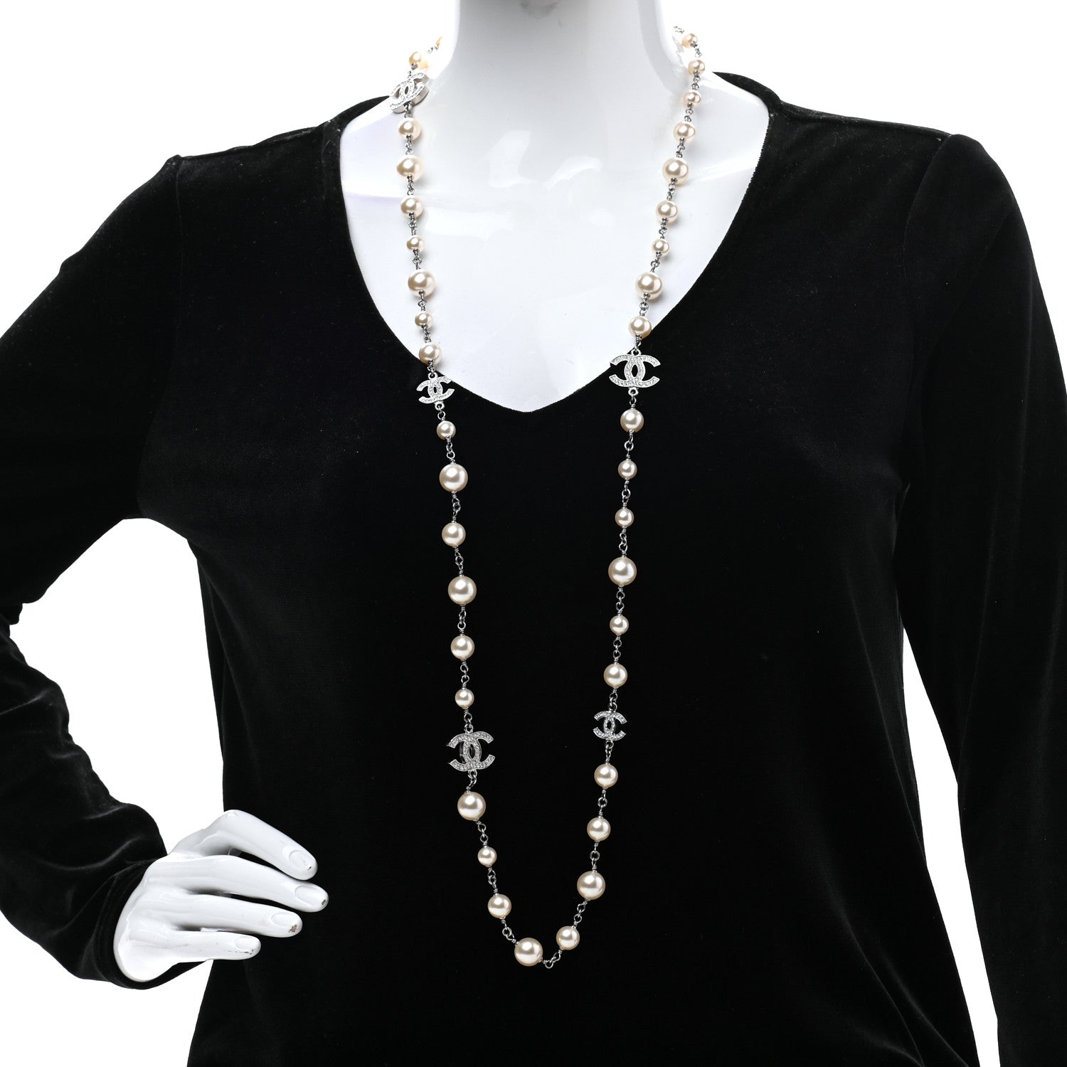 Chanel Graduated Pearl Crystal CC Long Necklace Silver 2 of 7