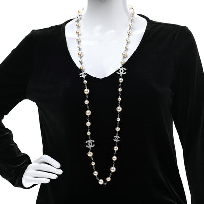 Chanel Graduated Pearl Crystal CC Long Necklace Silver 2 of 7
