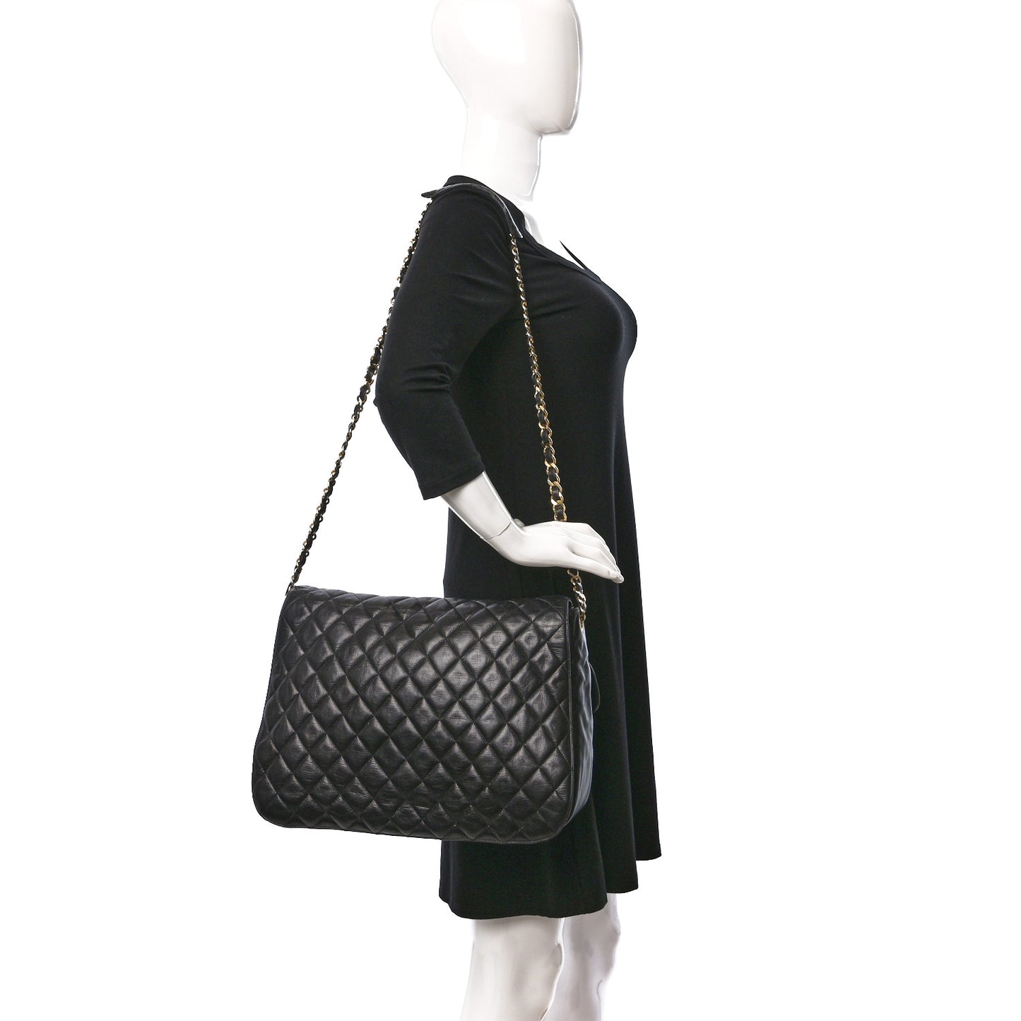 Aged Calfskin Quilted Messenger Bag Black