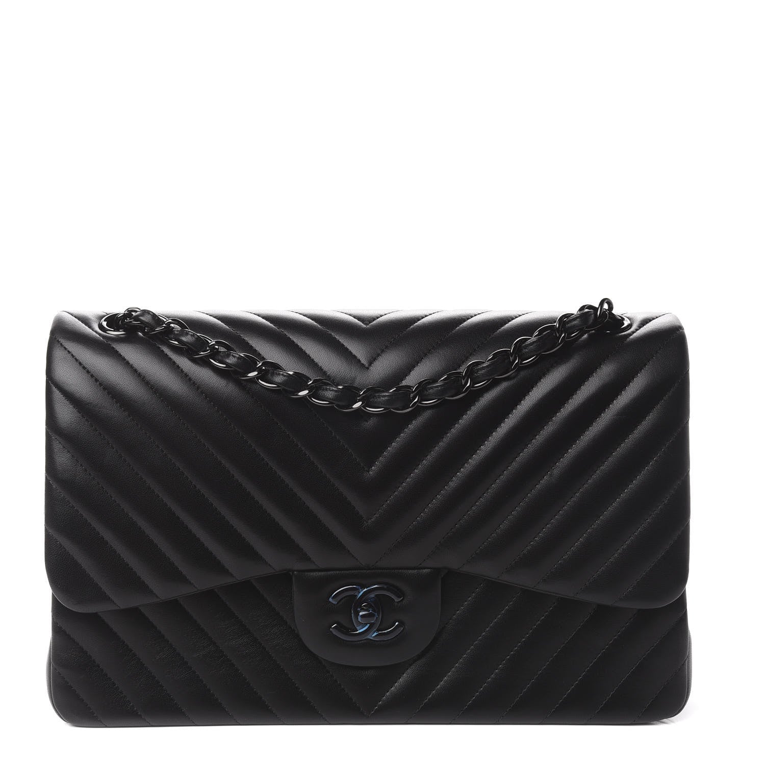 Chanel Lambskin Chevron Quilted Jumbo Double Flap So Black 1 of 11