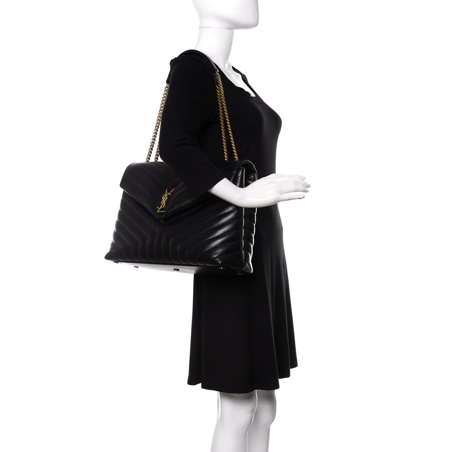 Calfskin Y Quilted Monogram Large Loulou Chain Satchel Black