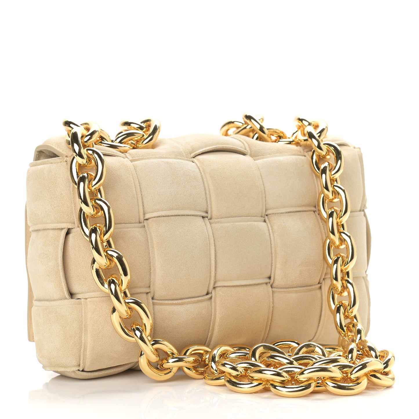 Suede Maxi Intrecciato Padded Chain Cassette Crossbody Bag Sand
