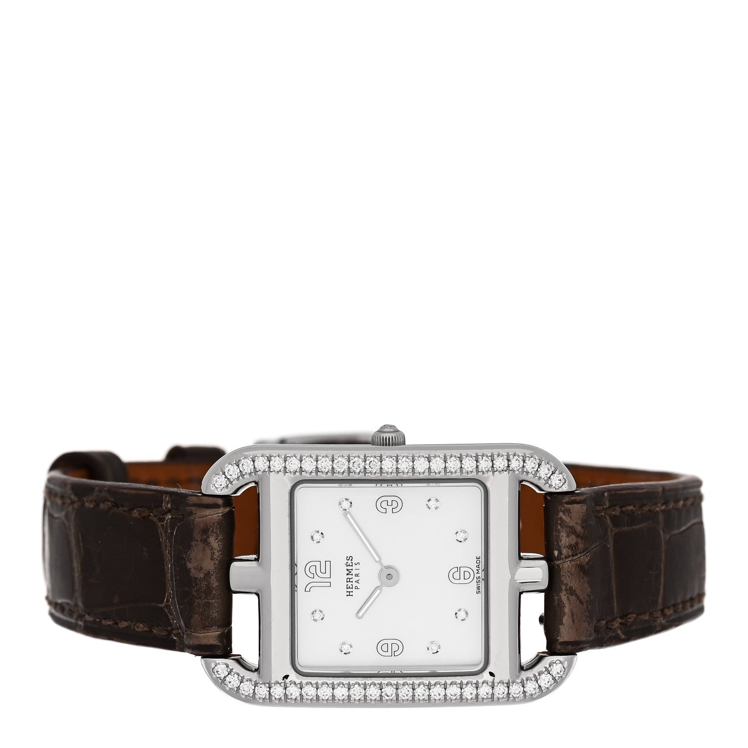 Hermes Stainless Steel Alligator Diamond Bezel Mother of Pearl 23mm Cape Cod Quartz Watch Gris Elephant 2 of 5