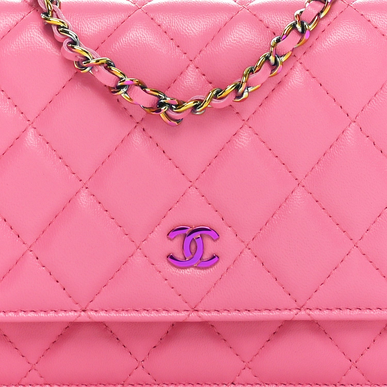 Chanel Lambskin Quilted Wallet On Chain WOC Pink Yellow 9 of 12