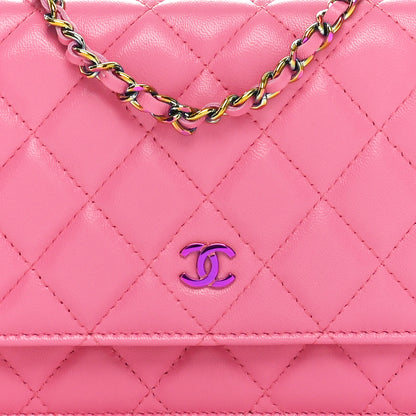 Chanel Lambskin Quilted Wallet On Chain WOC Pink Yellow 9 of 12
