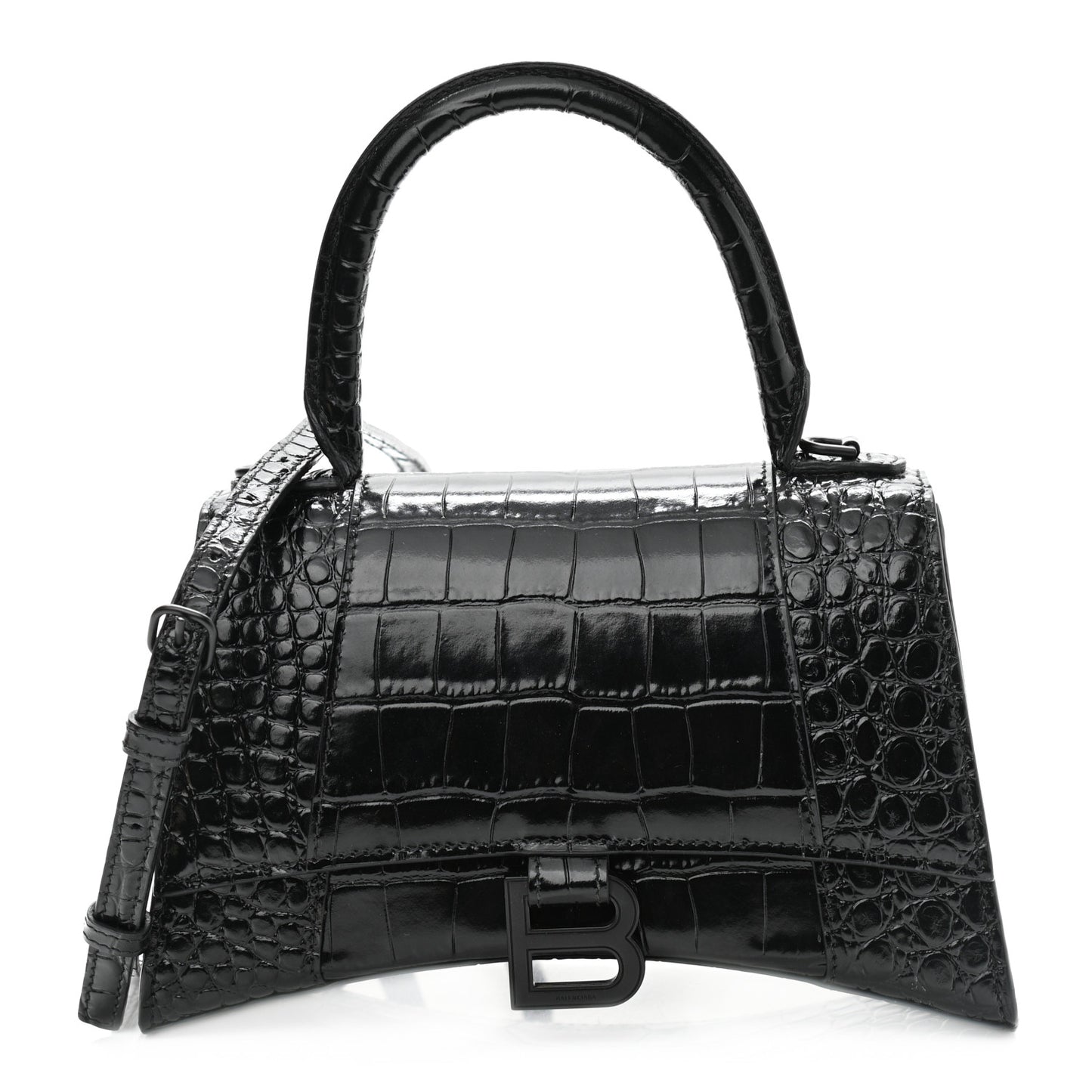 Shiny Calfskin Monochrome Crocodile Embossed Small Hourglass Top Handle Bag Black
