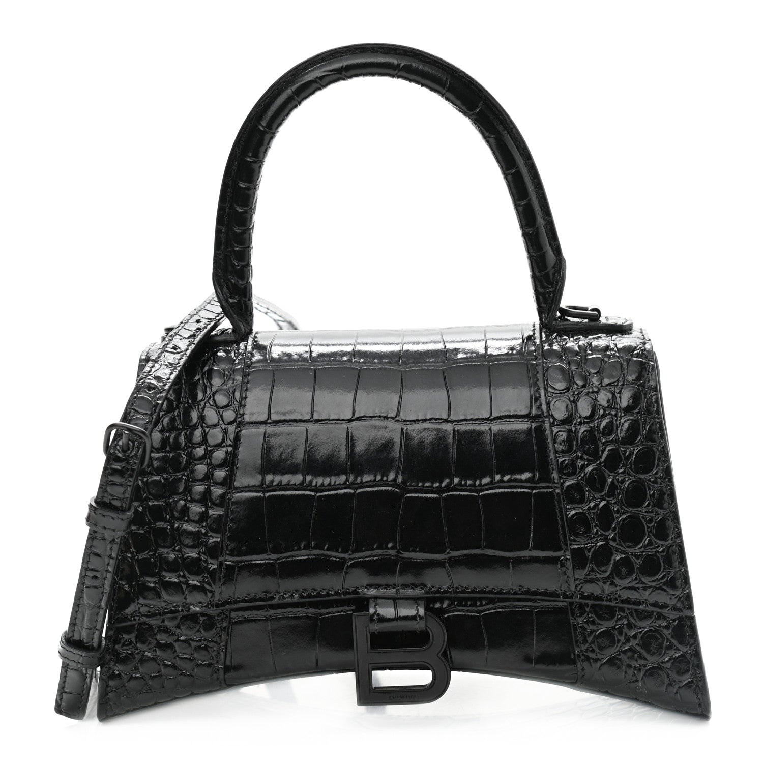 Balenciaga Shiny Calfskin Monochrome Crocodile Embossed Small Hourglass Top Handle Bag Black 1 of 11