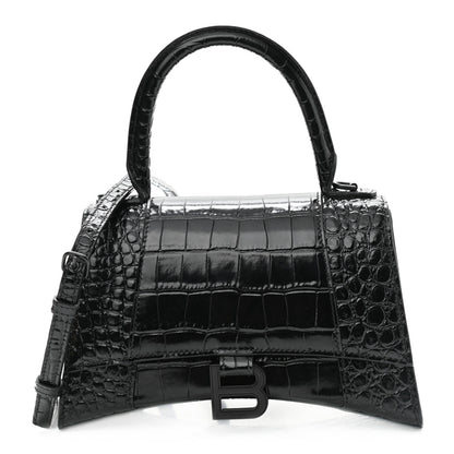 Balenciaga Shiny Calfskin Monochrome Crocodile Embossed Small Hourglass Top Handle Bag Black 1 of 11