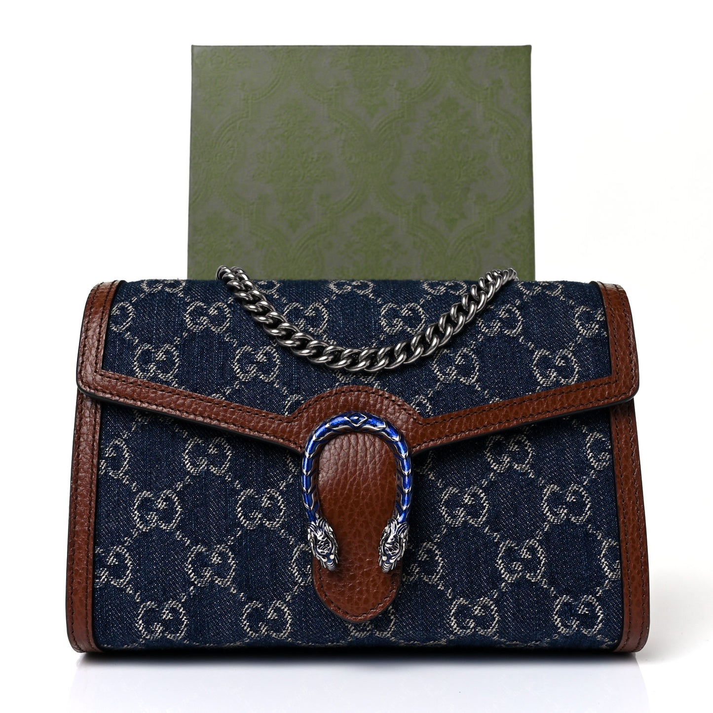 New Denim GG Monogram Dollar Calfskin Enamel Mini Dionysus Chain Wallet Blue Tea Cuir Epilog Electric Blue