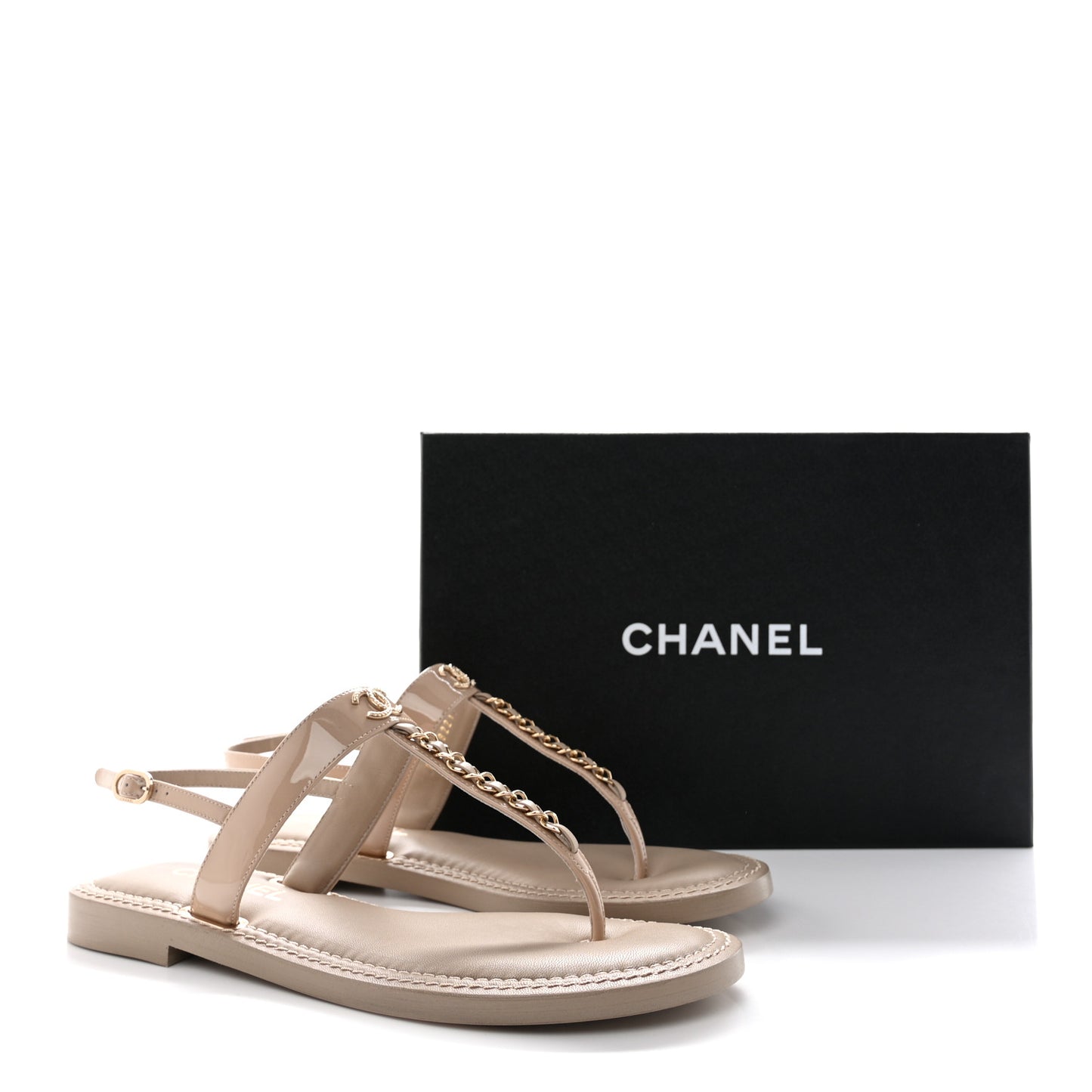 Lambskin Patent Chain CC Logo Thong Sandals 39 Beige