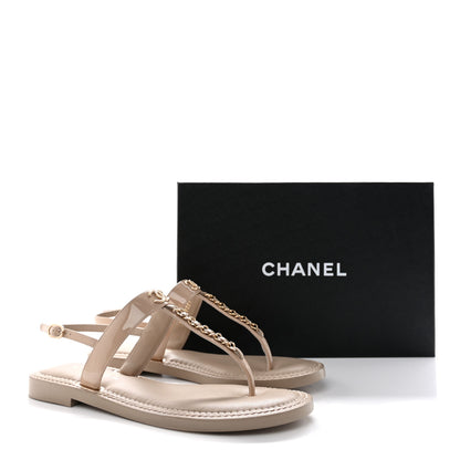 Chanel Lambskin Patent Chain CC Logo Thong Sandals 39 Beige 9 of 9