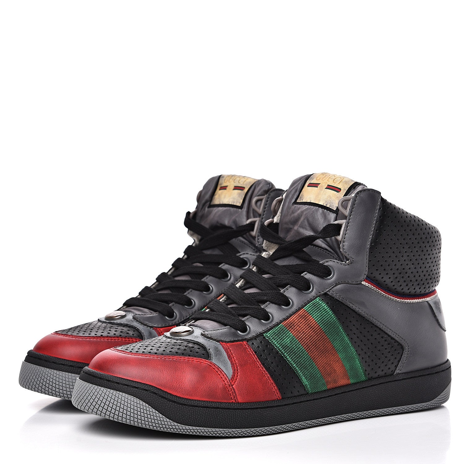Gucci Miro Soft Calfskin Web Mens Screener High Top Sneakers 8 Light Hibiscus Red Black Foggy Grey 3 of 11