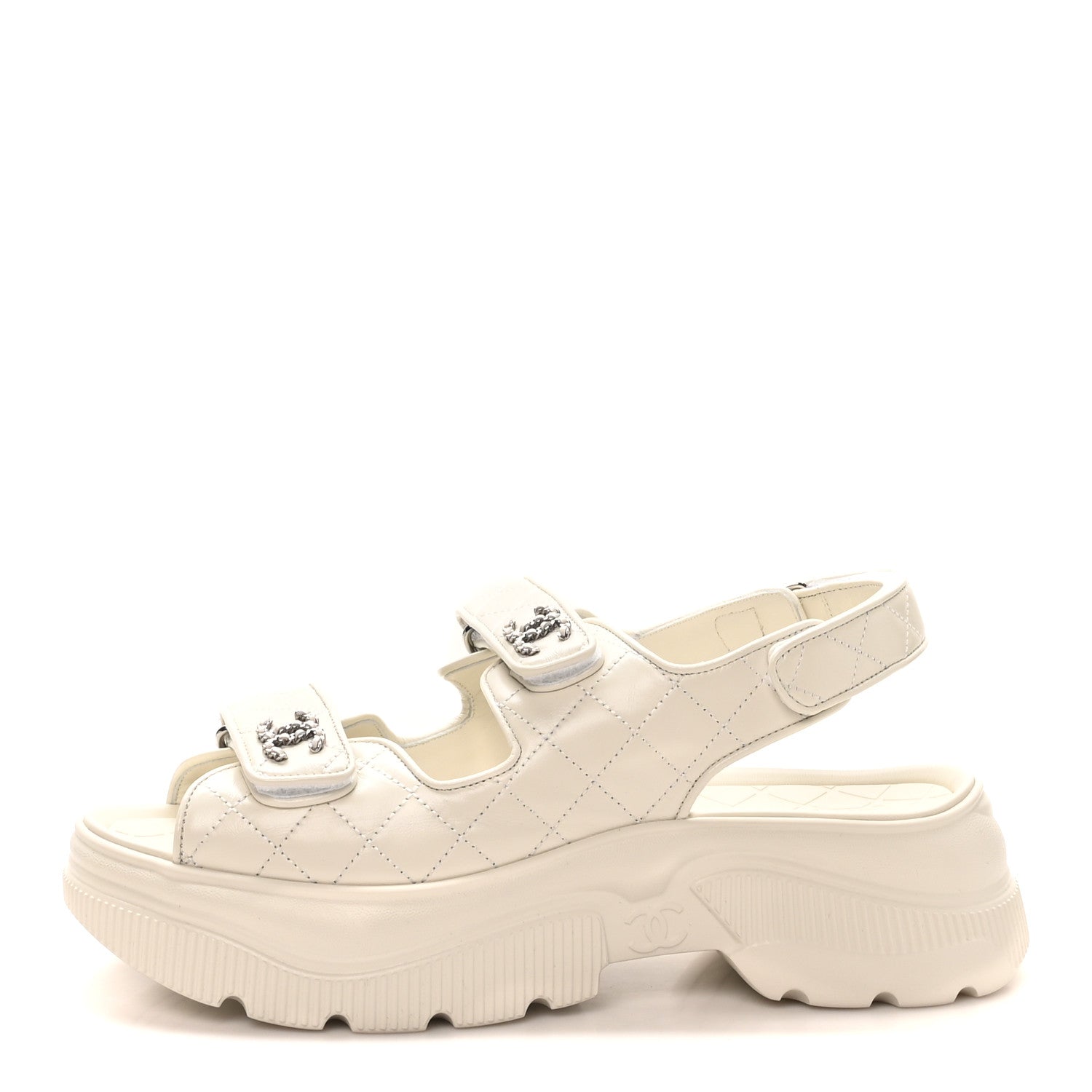 Chanel Shiny Calfskin Chain CC Velcro Dad Platform Sandals 39.5 White 1 of 9