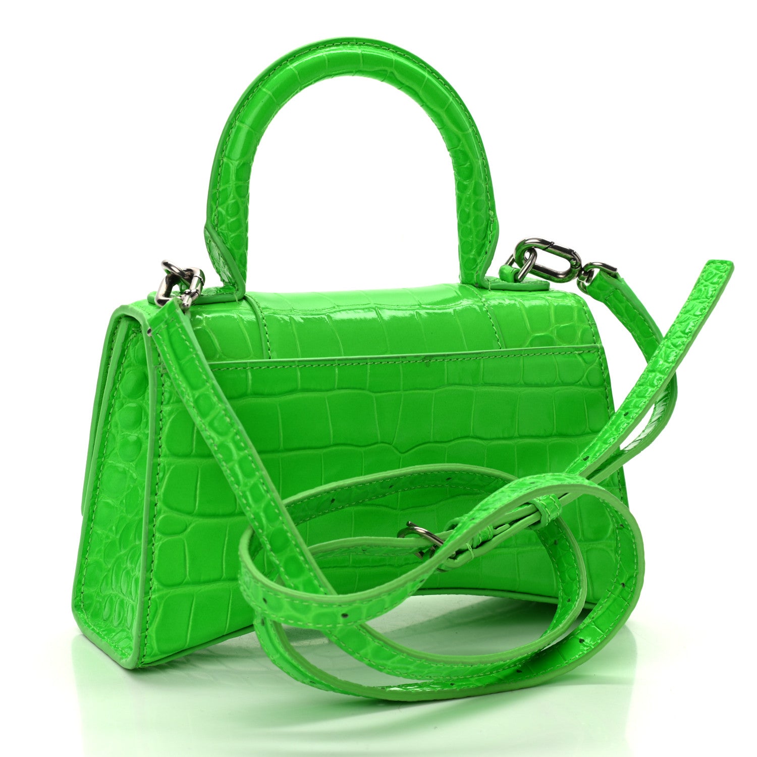 Balenciaga Shiny Calfskin Crocodile Embossed Hourglass Top Handle Bag XS Fluo Green 3 of 12
